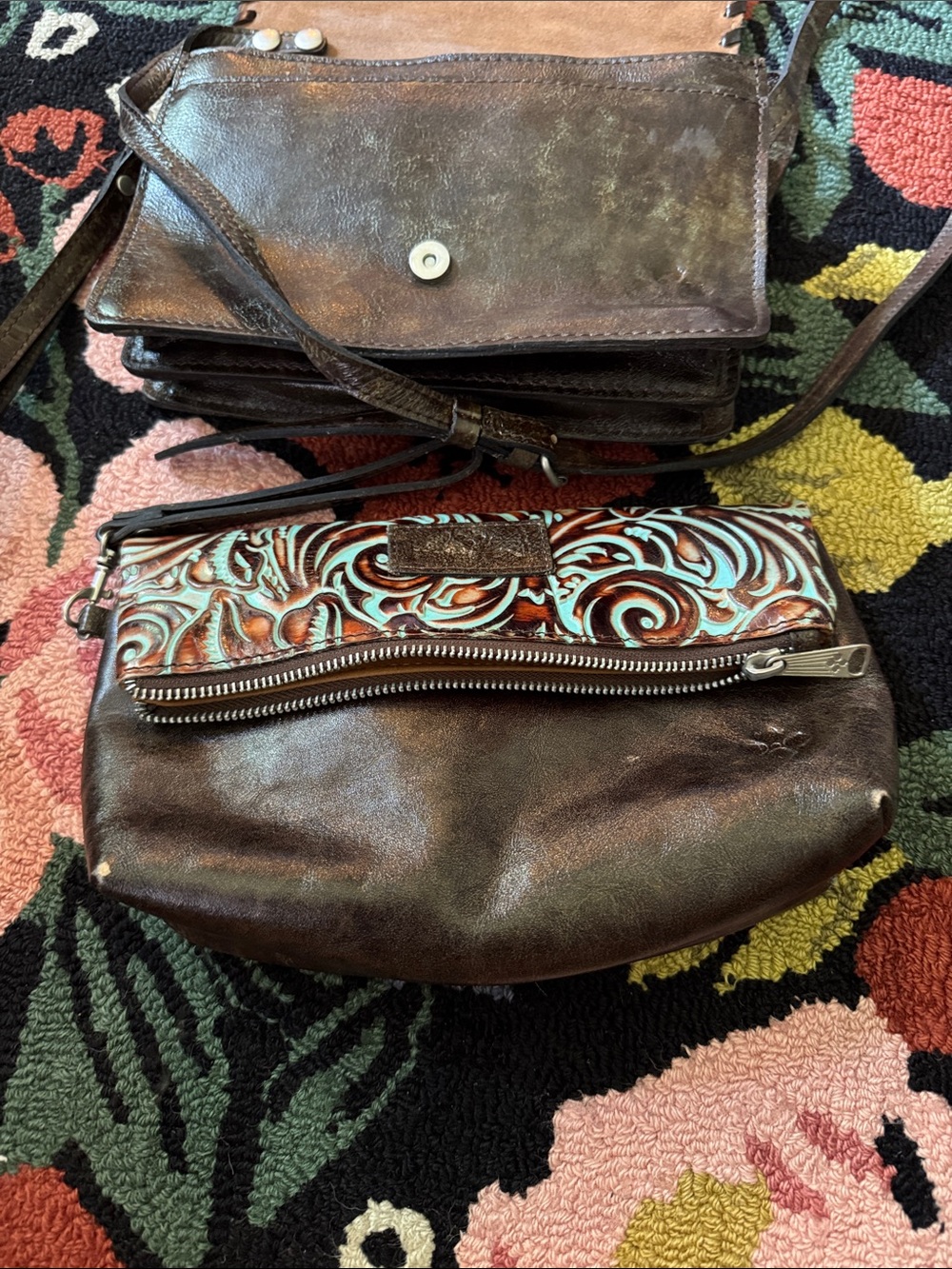 Set of three Patricia Nash Tooled Turquoise Brown Floral Leather Bags - Picture 10 of 12